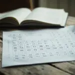 Друковані аркуші з таблицею Менделєєва на дерев'яному столі, поруч олівець і склянка води